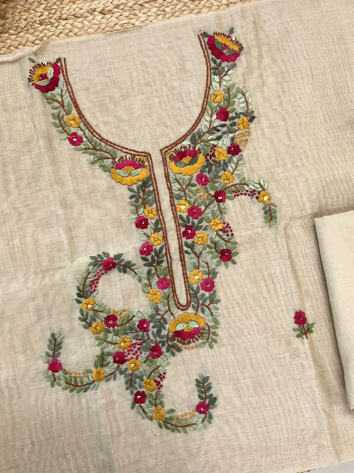 Soft Kora Chanderi Jamdani Weaved Embroidered Suit - Beige