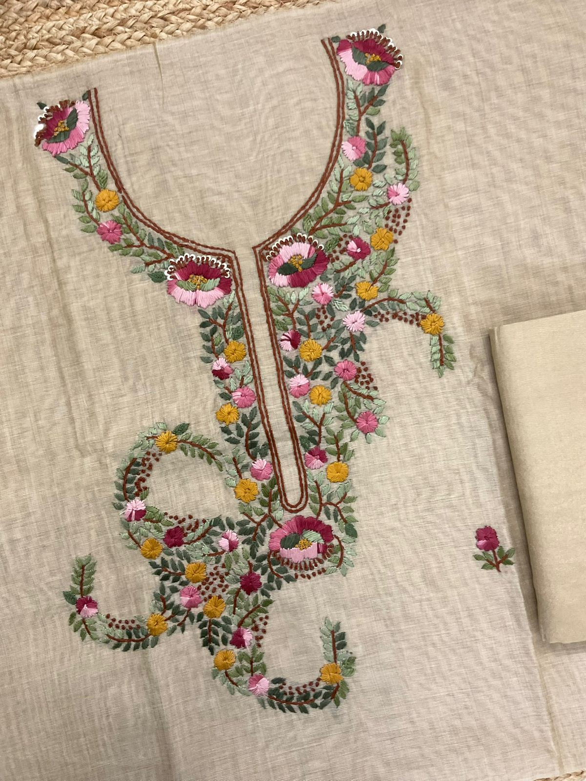 Soft Kora Chanderi Jamdani Weaved Embroidered Suit - Beige