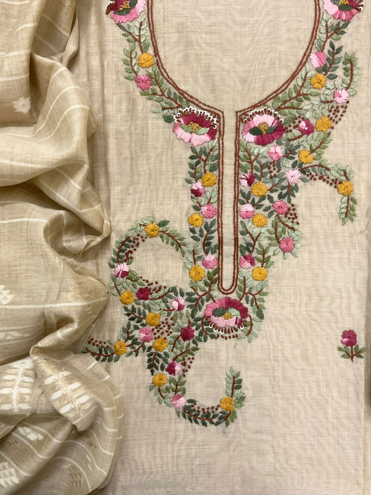 Soft Kora Chanderi Jamdani Weaved Embroidered Suit - Beige