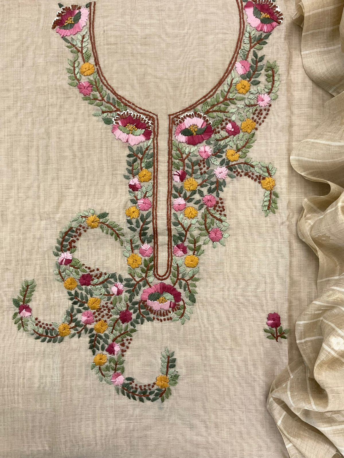 Soft Kora Chanderi Jamdani Weaved Embroidered Suit - Beige