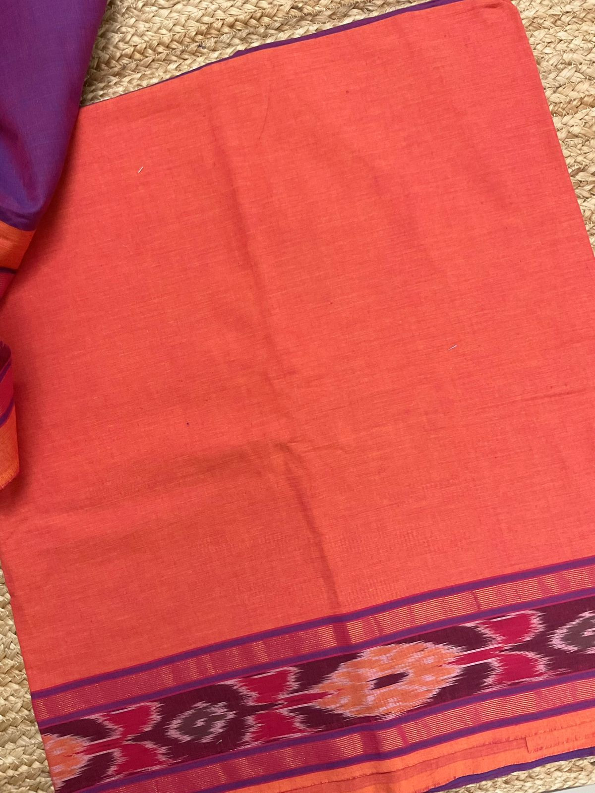 Pure Handloom Cotton Self Weaved Suit - Orange