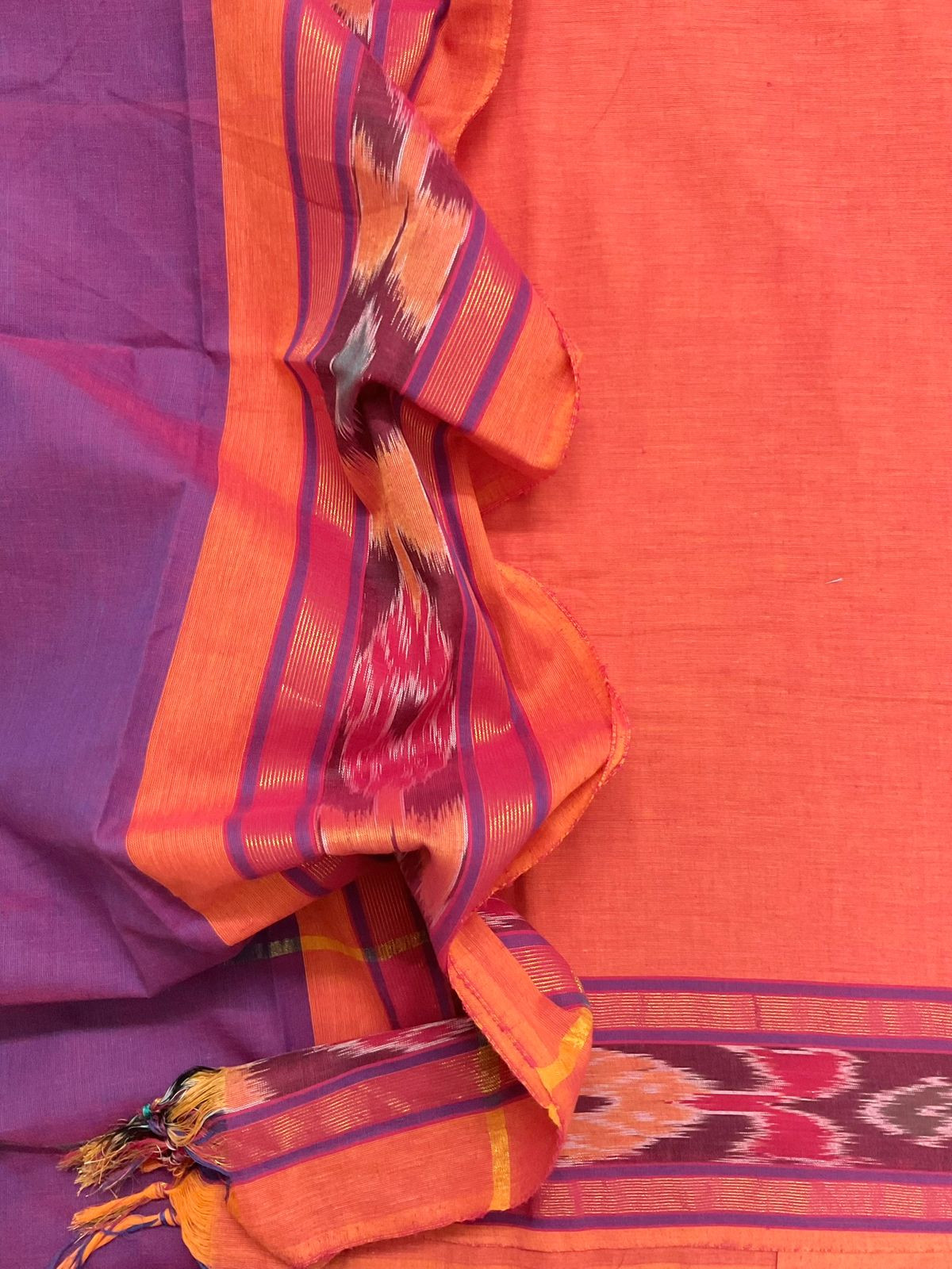 Pure Handloom Cotton Self Weaved Suit - Orange