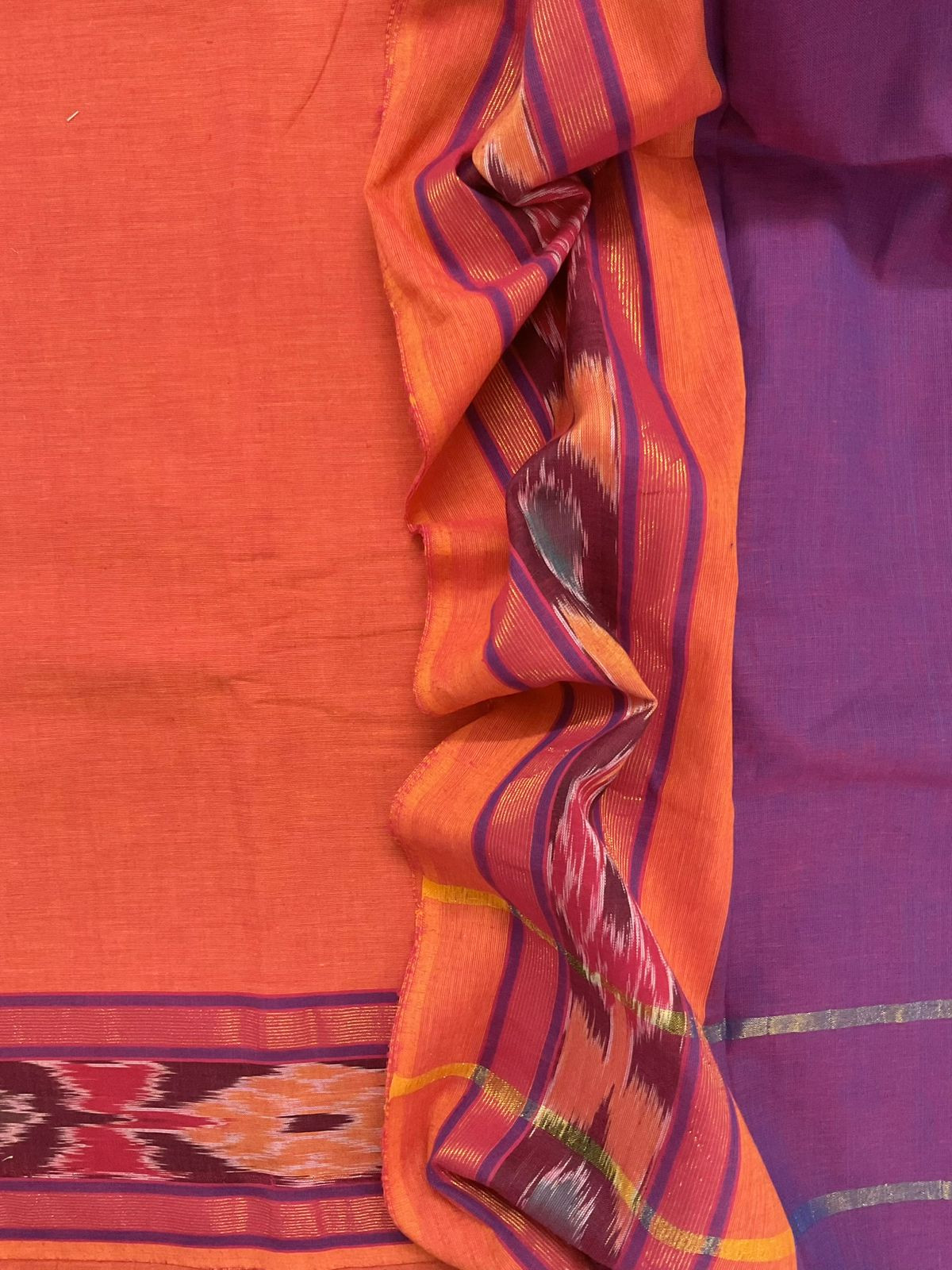 Pure Handloom Cotton Self Weaved Suit - Orange