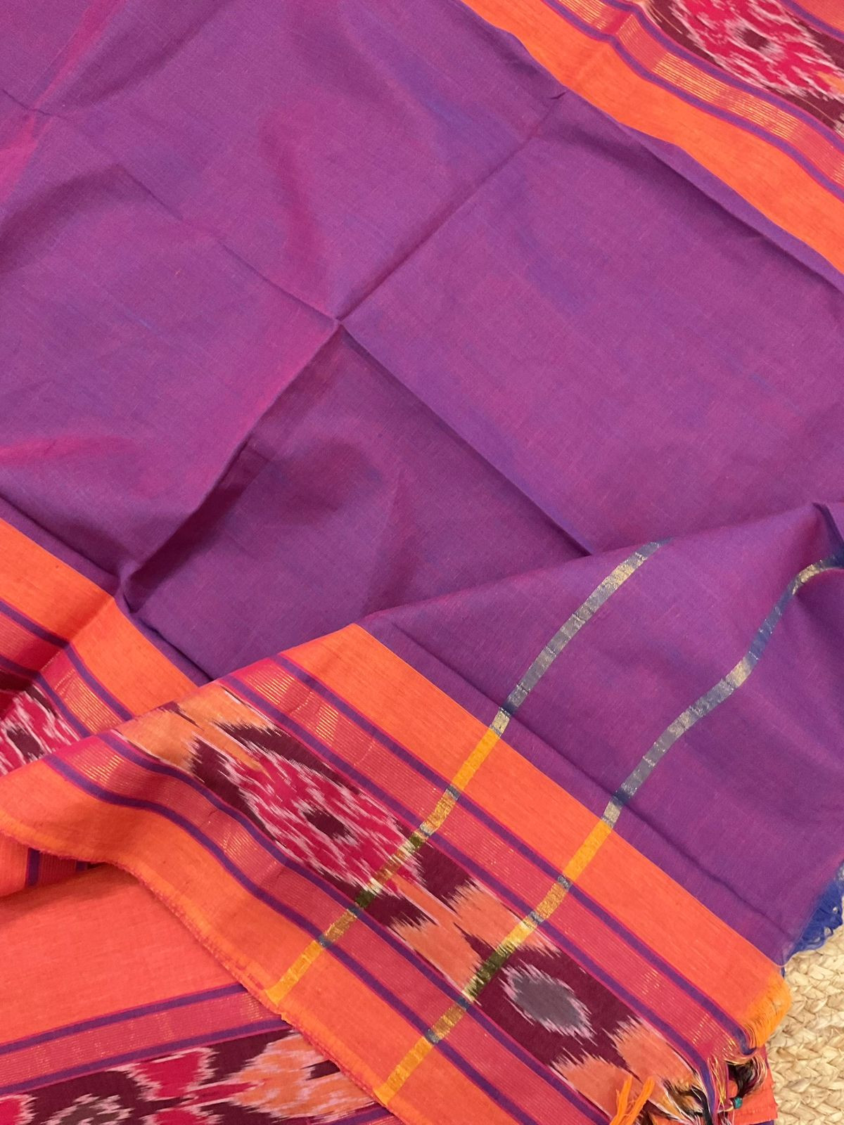 Pure Handloom Cotton Self Weaved Suit - Orange