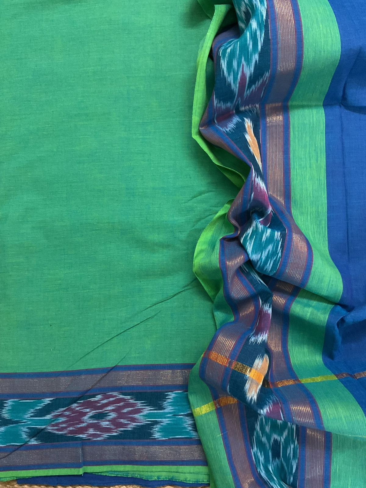 Pure Handloom Cotton Self Weaved Suit - Green