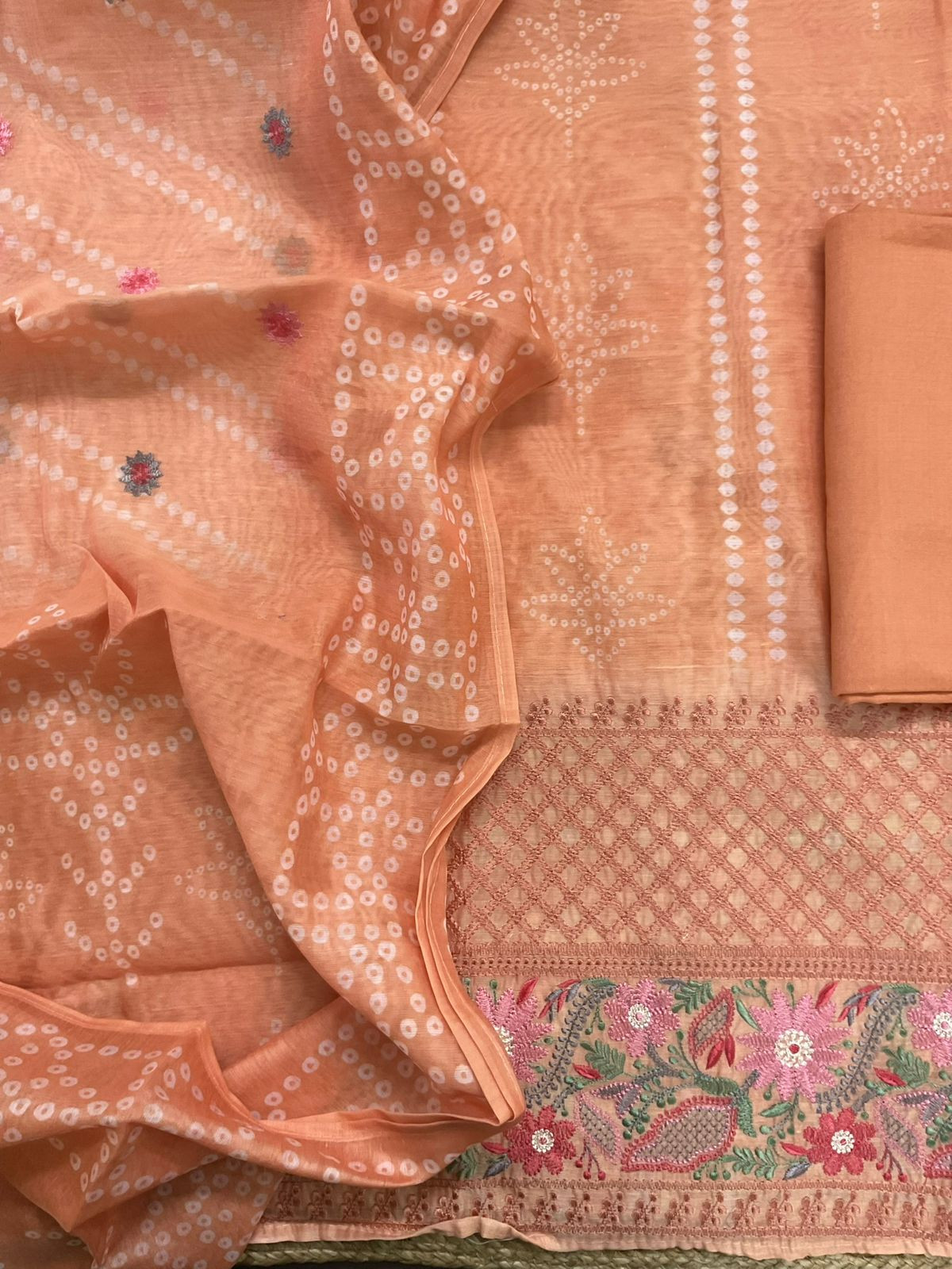 Soft Kora Chanderi Printed Embroidered Suit - Light Orange
