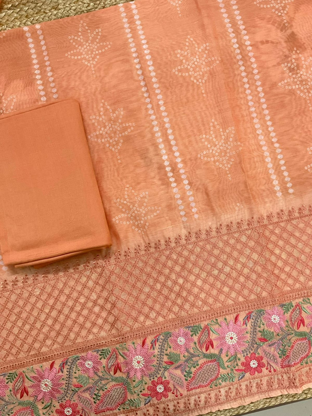 Soft Kora Chanderi Printed Embroidered Suit - Light Orange