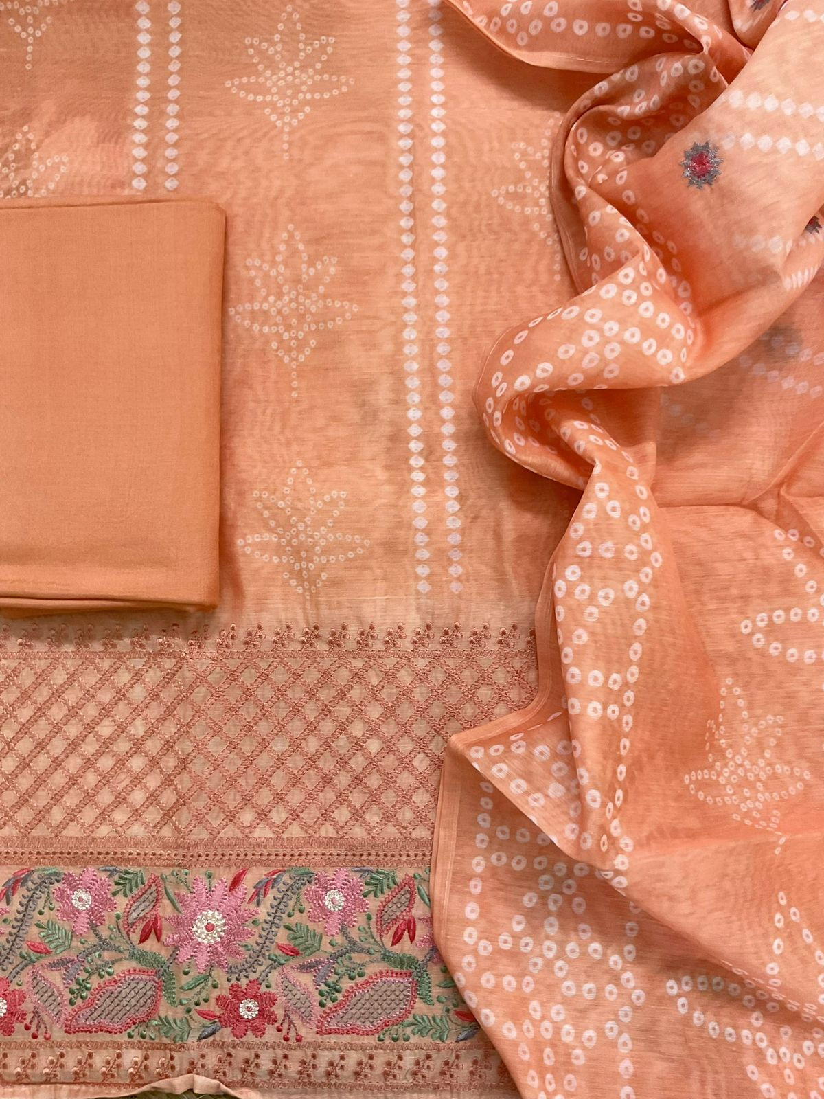 Soft Kora Chanderi Printed Embroidered Suit - Light Orange