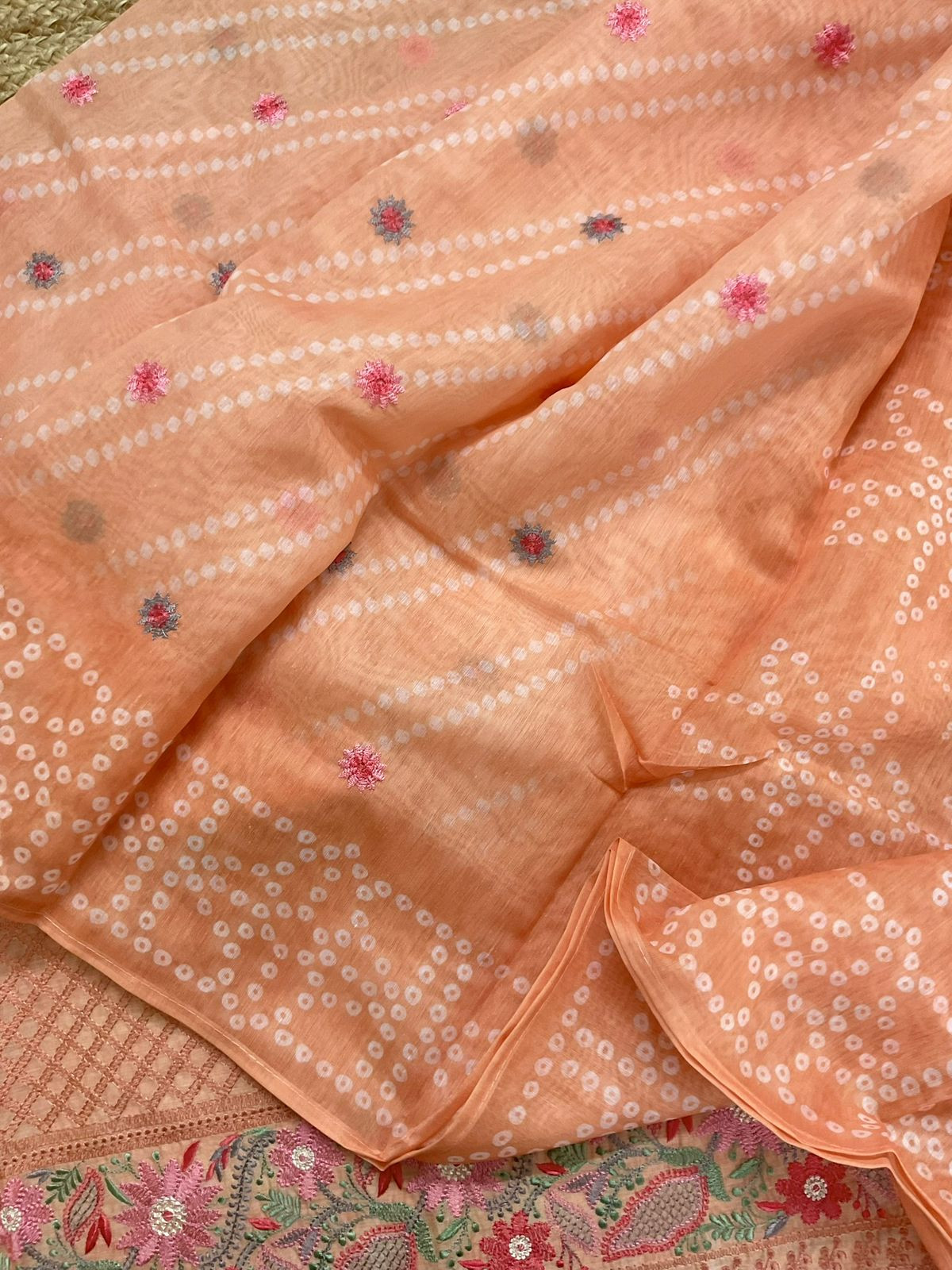Soft Kora Chanderi Printed Embroidered Suit - Light Orange