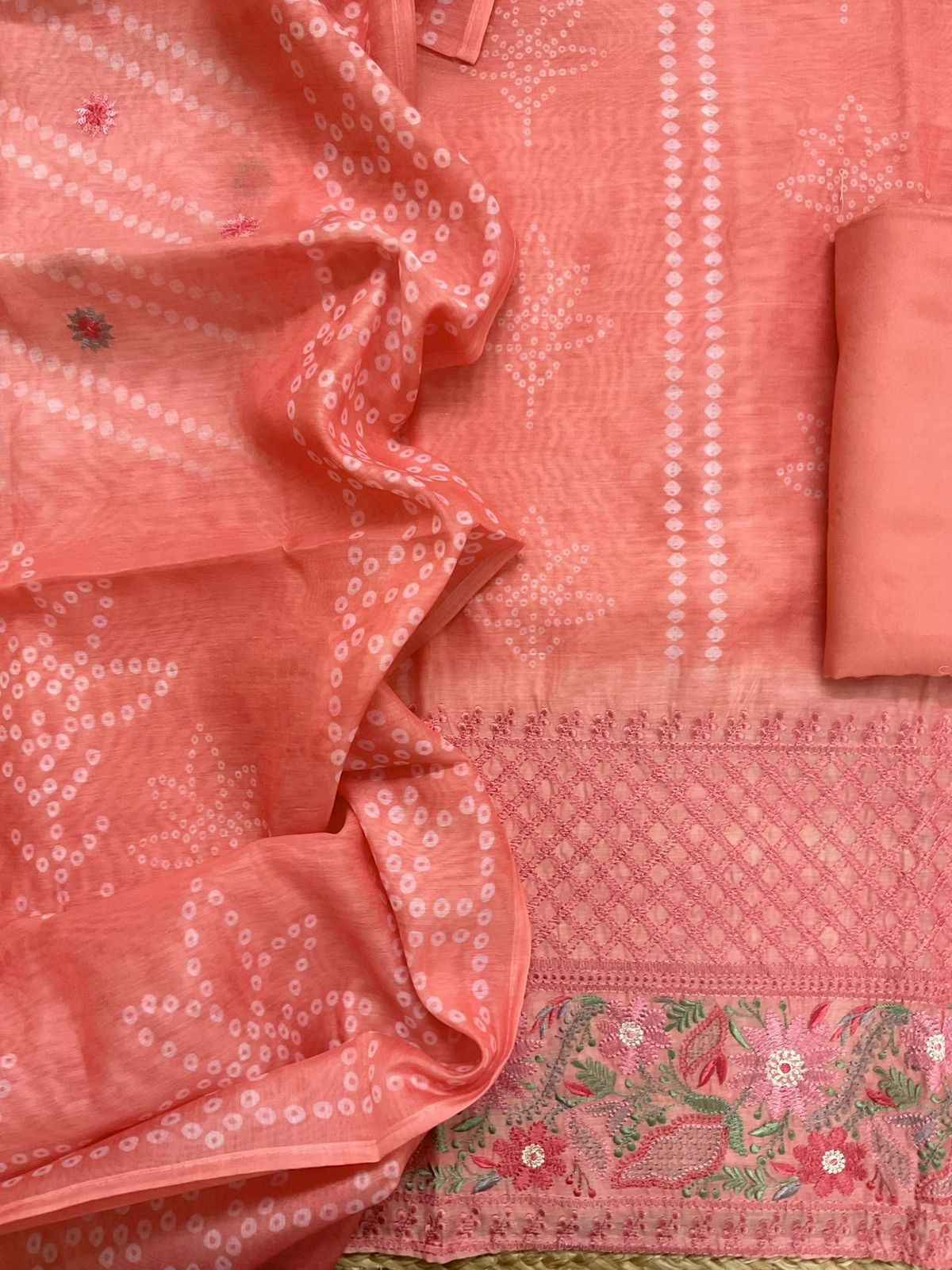 Soft Kora Chanderi Printed Embroidered Suit - Peach