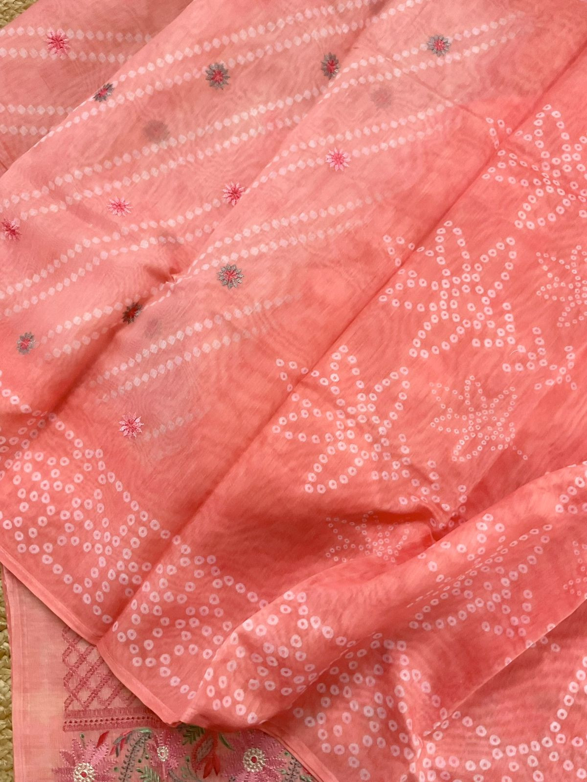 Soft Kora Chanderi Printed Embroidered Suit - Peach