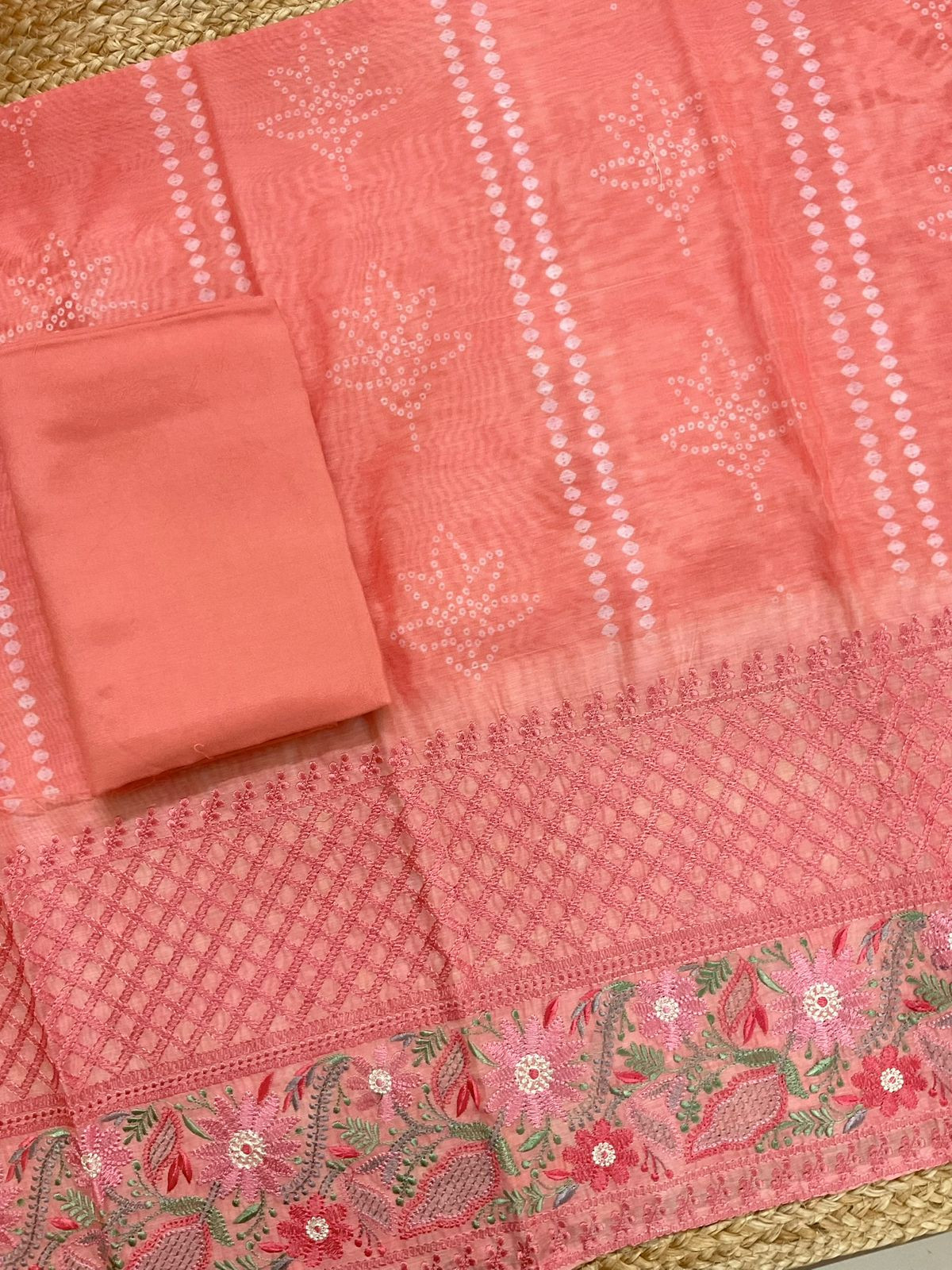 Soft Kora Chanderi Printed Embroidered Suit - Peach