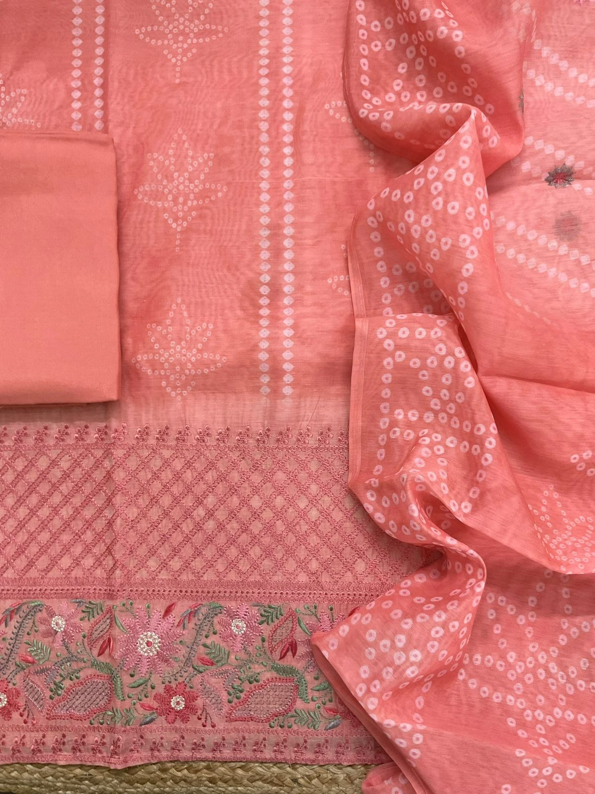 Soft Kora Chanderi Printed Embroidered Suit - Peach