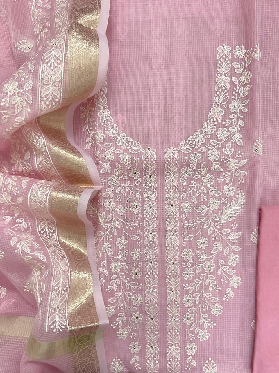 Soft Kota Organza Embroidered Suit - Pink
