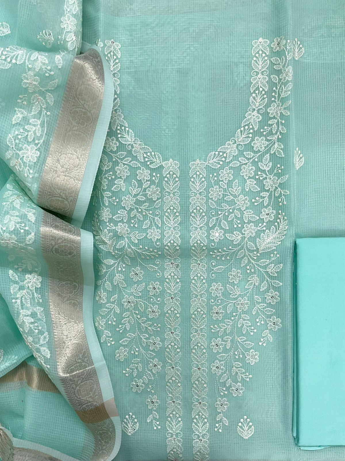 Soft Kota Organza Embroidered Suit - Sea Green