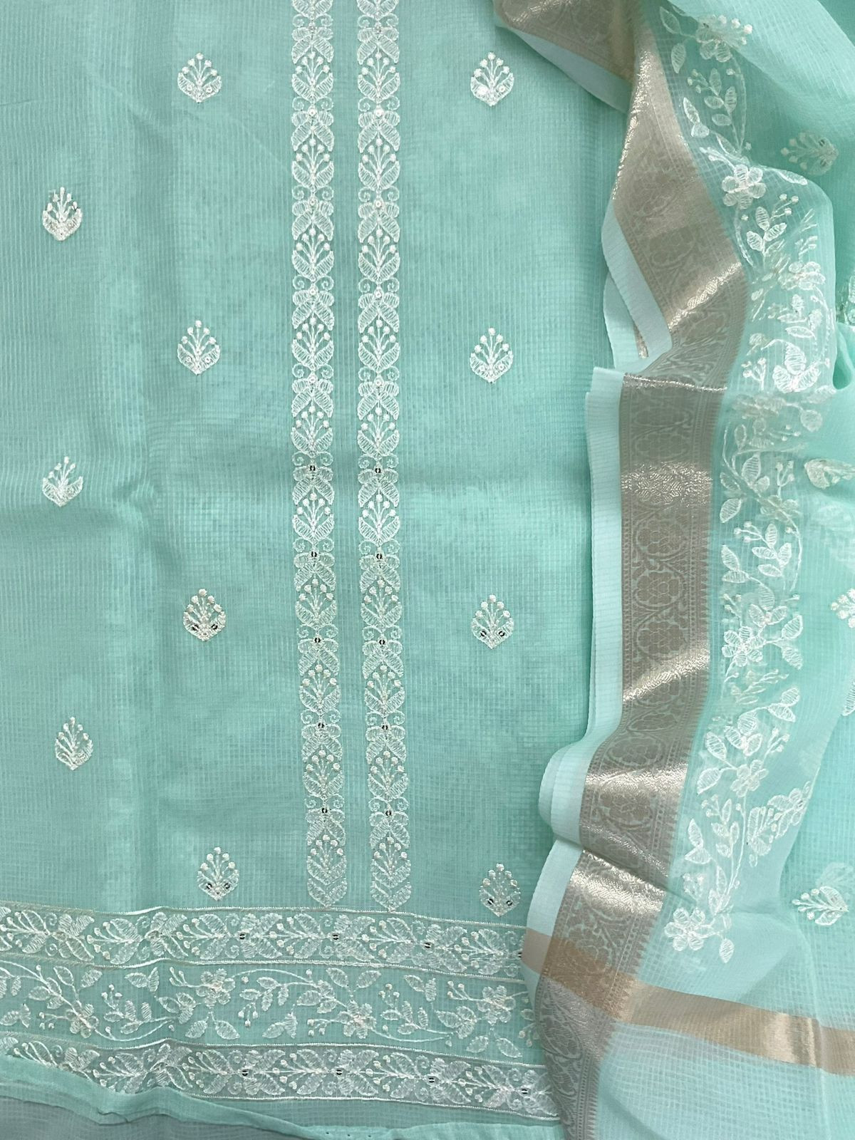 Soft Kota Organza Embroidered Suit - Sea Green