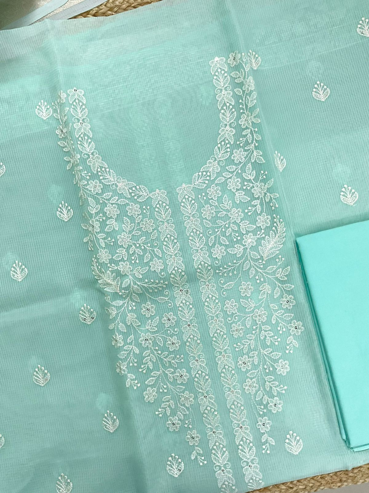 Soft Kota Organza Embroidered Suit - Sea Green