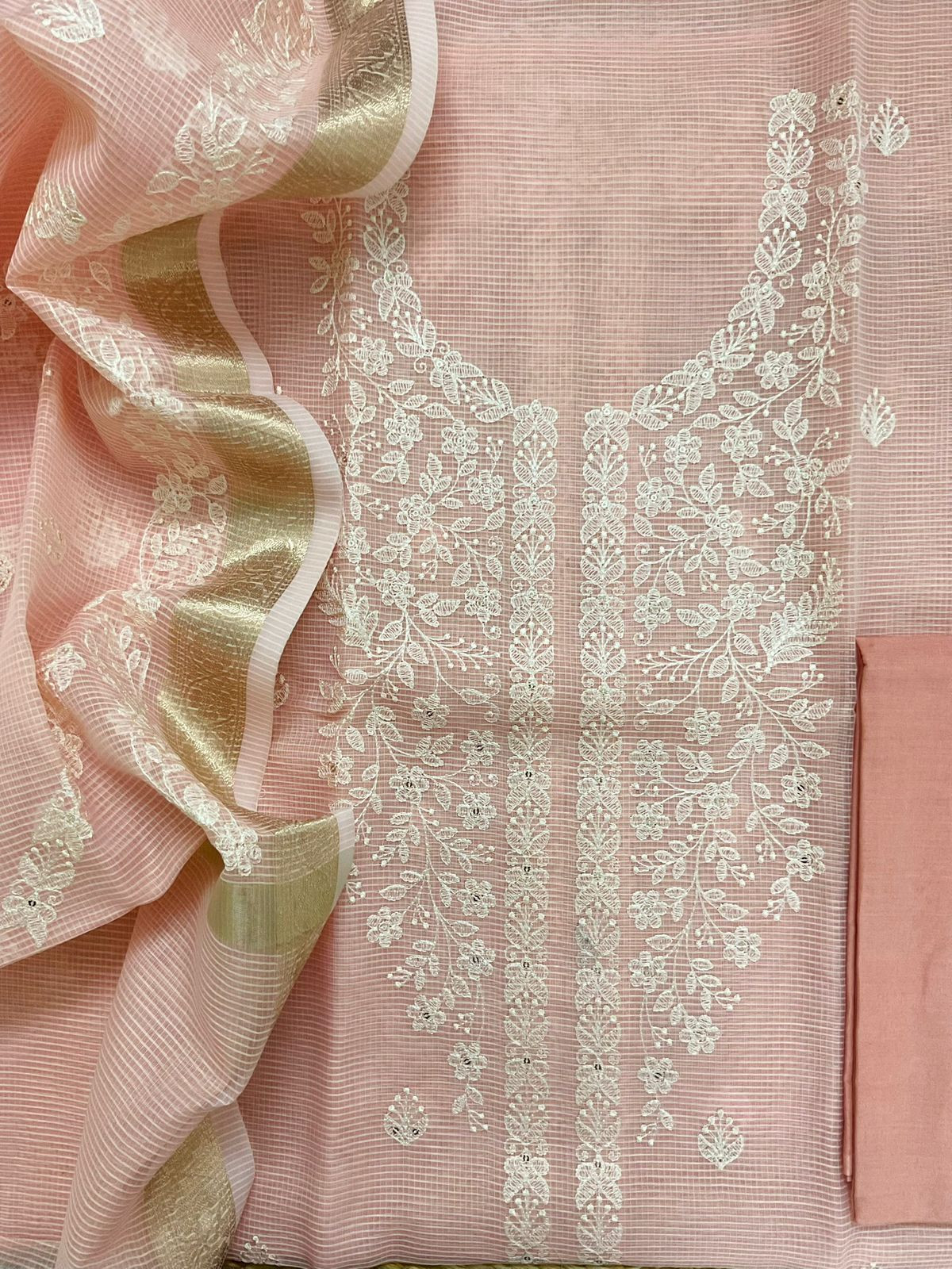 Soft Kota Organza Embroidered Suit - Peach
