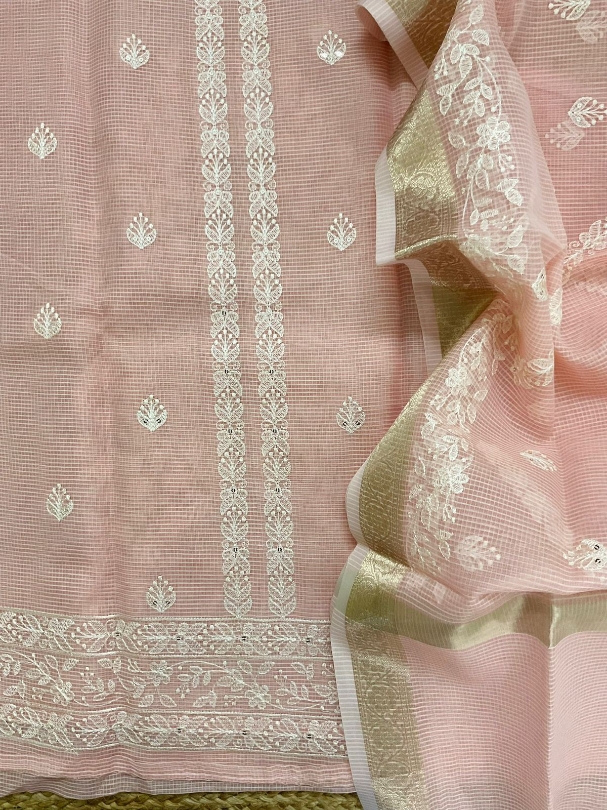 Soft Kota Organza Embroidered Suit - Peach