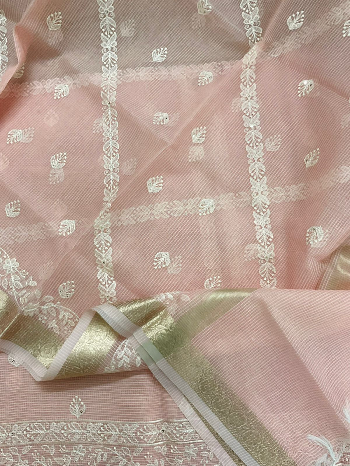 Soft Kota Organza Embroidered Suit - Peach