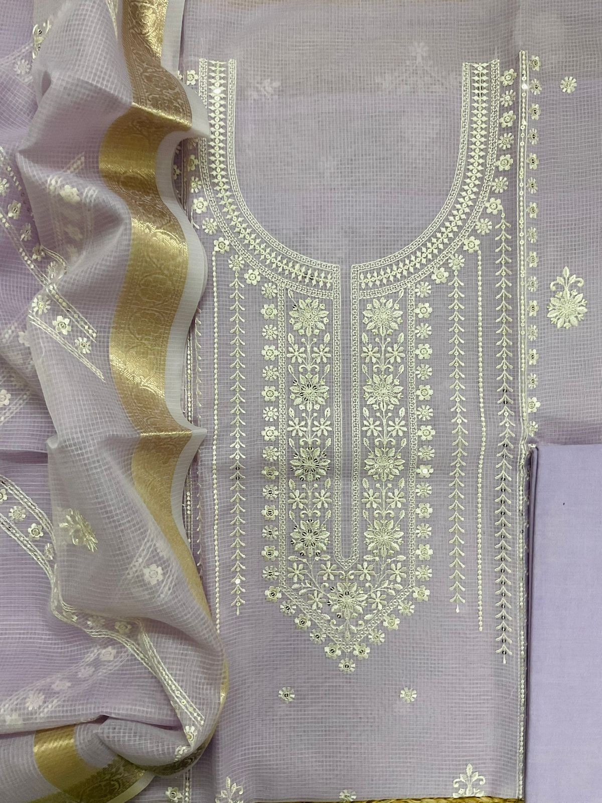 Soft Kota Organza Embroidered Suit - Lavender