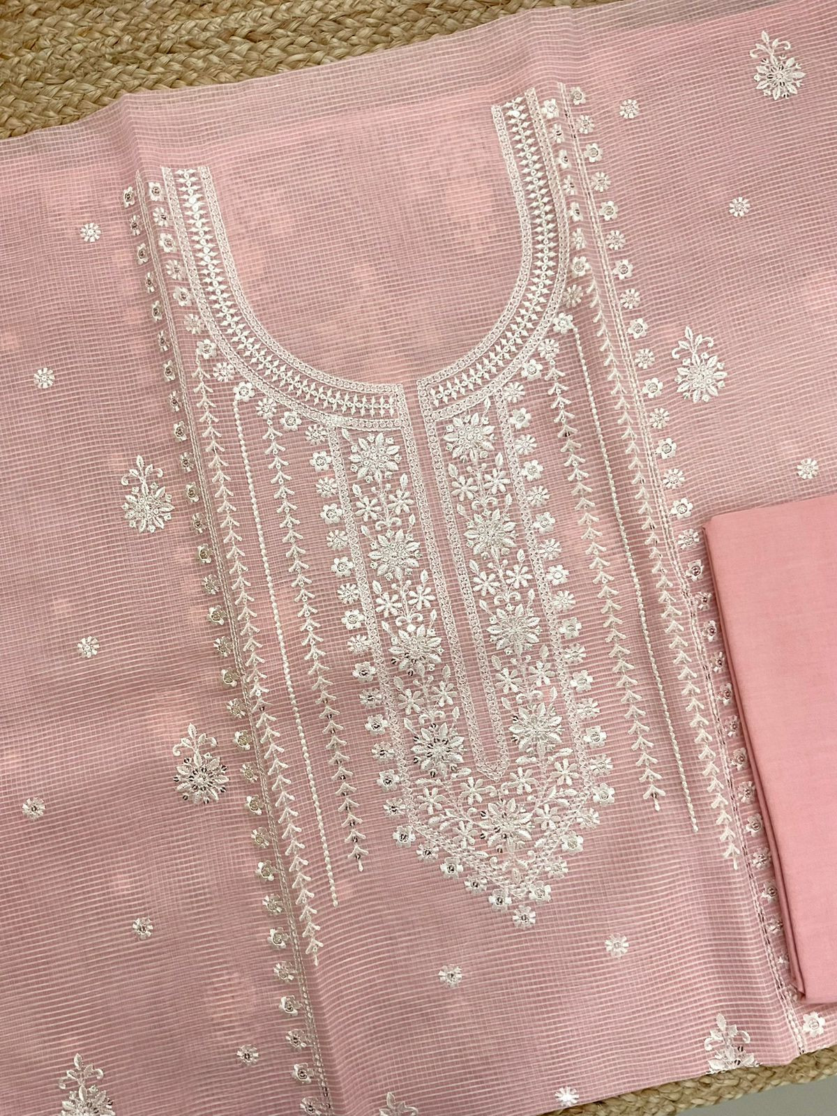 Soft Kota Organza Embroidered Suit - Peach