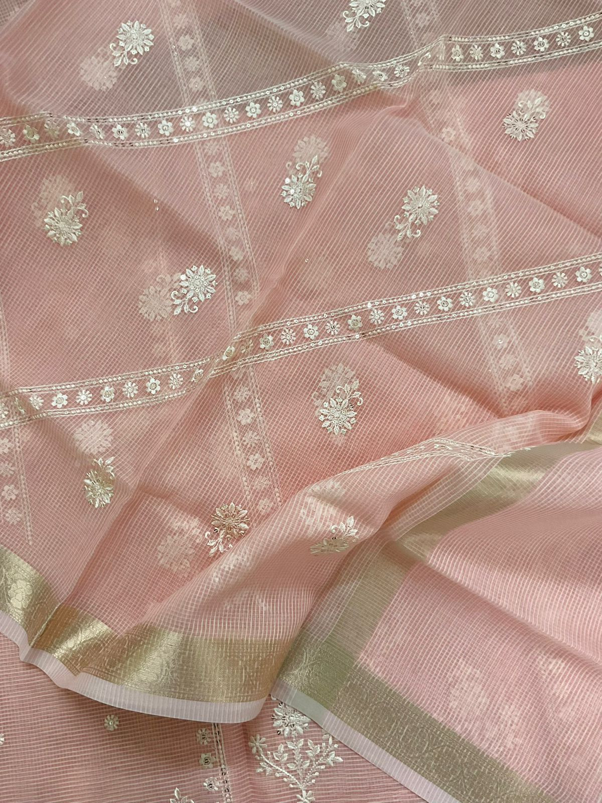 Soft Kota Organza Embroidered Suit - Peach