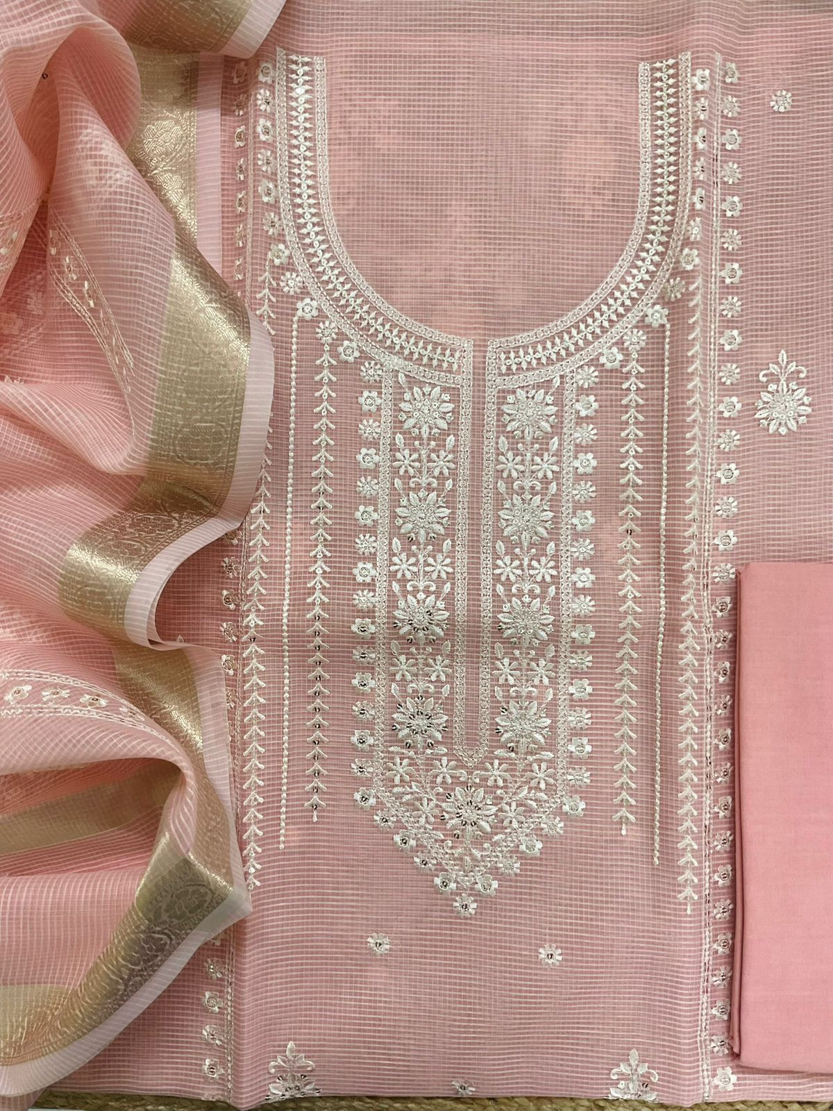 Soft Kota Organza Embroidered Suit - Peach