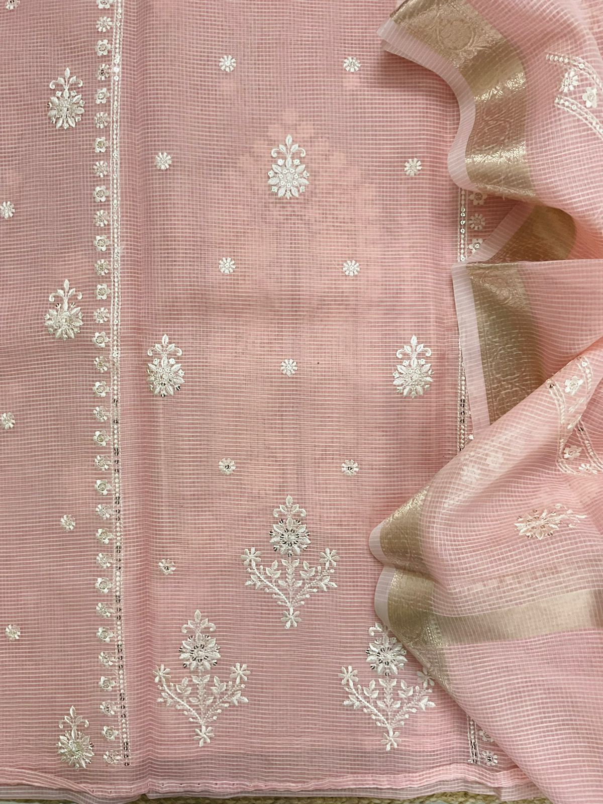 Soft Kota Organza Embroidered Suit - Peach