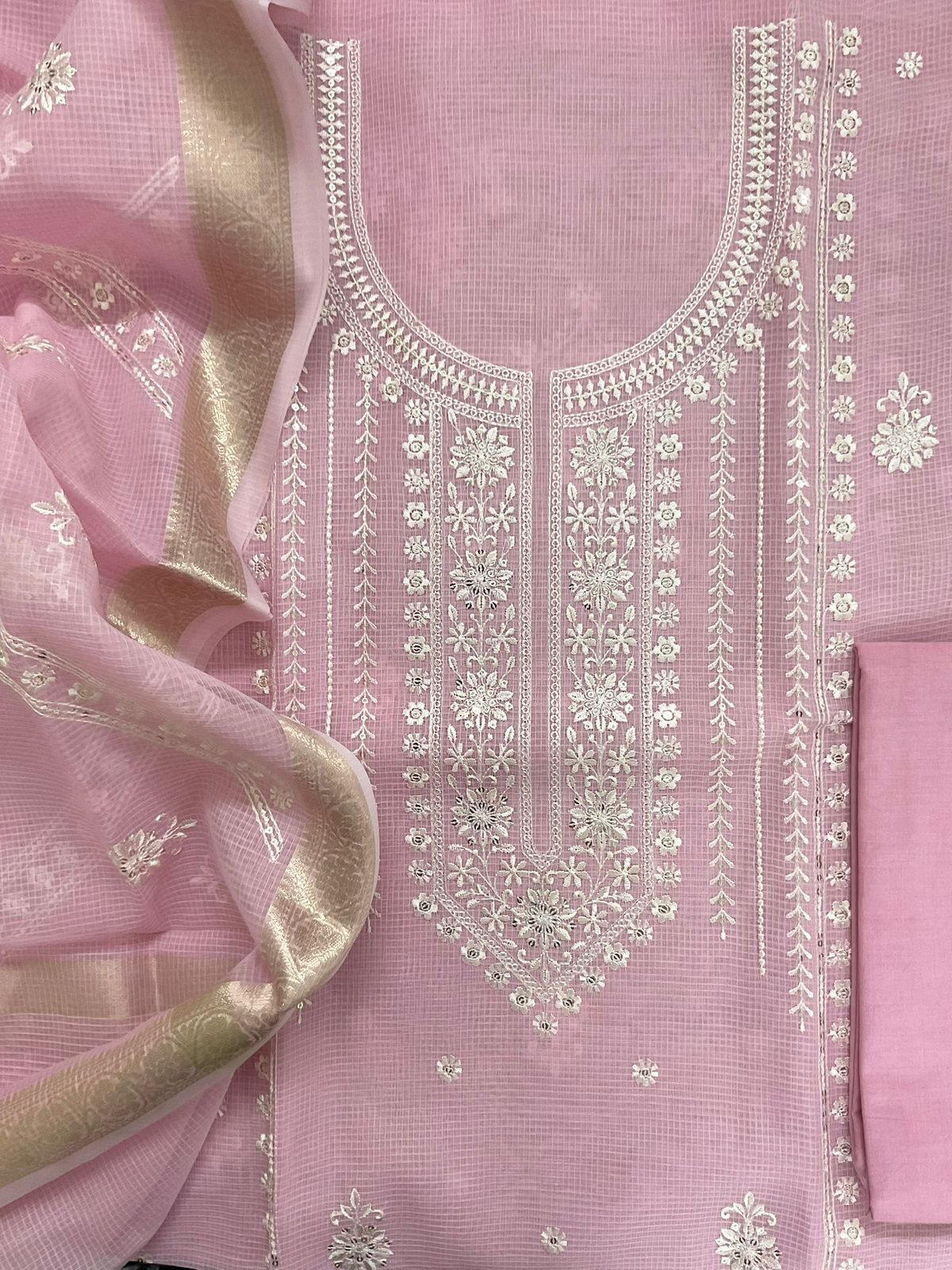 Soft Kota Organza Embroidered Suit - Pink