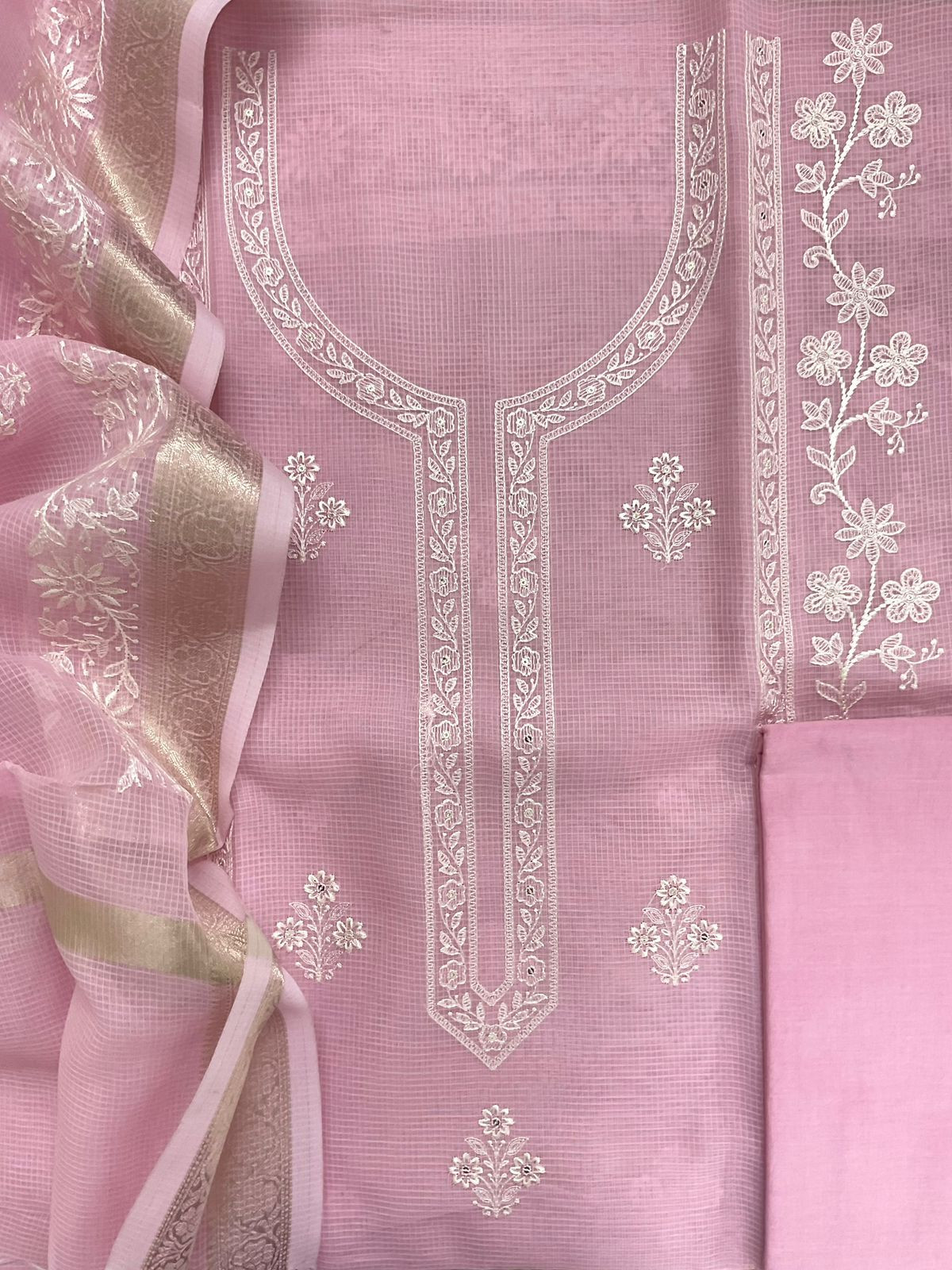 Soft Kota Organza Embroidered Suit - Pink