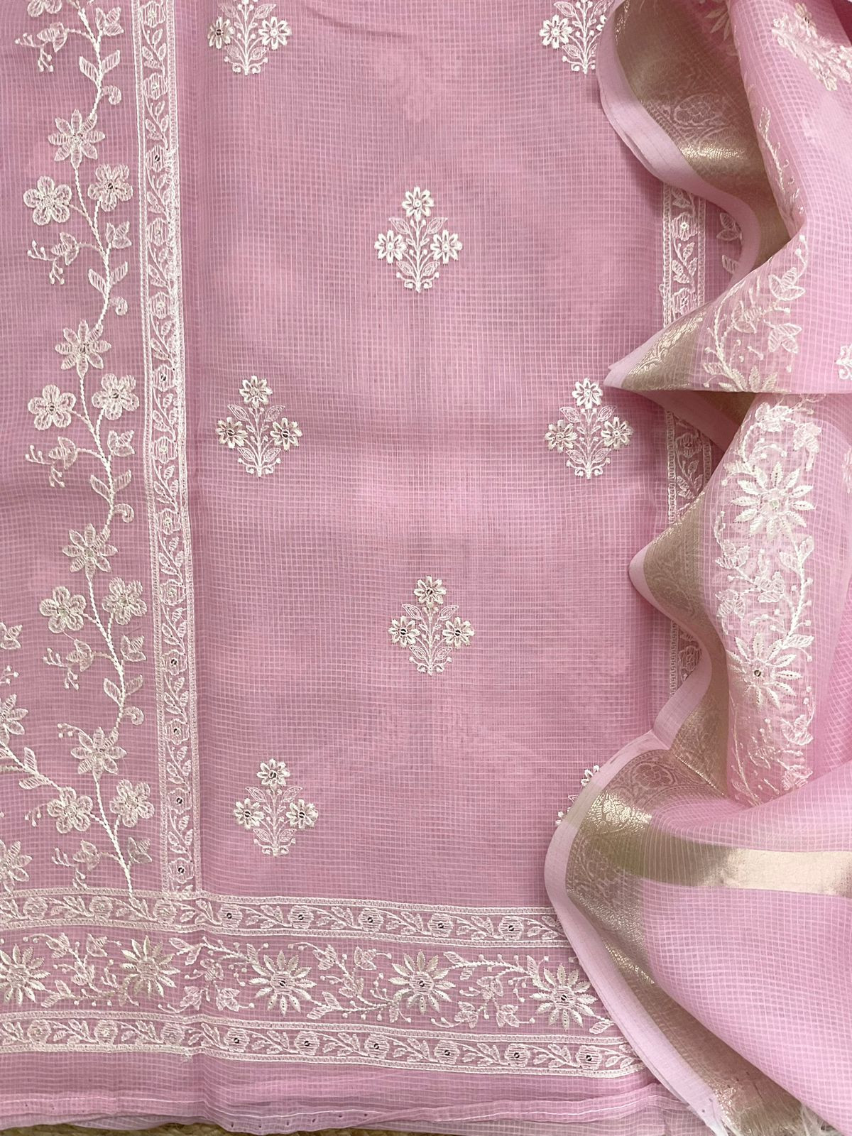 Soft Kota Organza Embroidered Suit - Pink