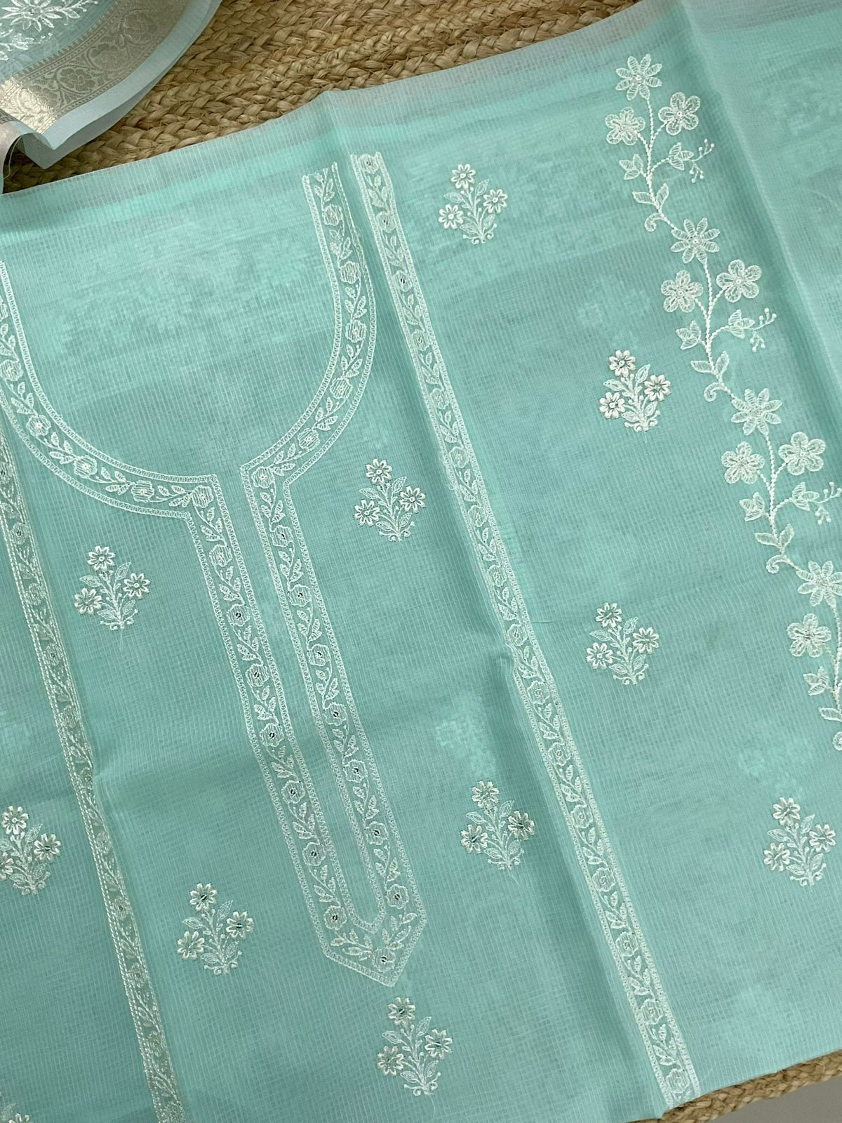 Soft Kota Organza Embroidered Suit - Sea Green