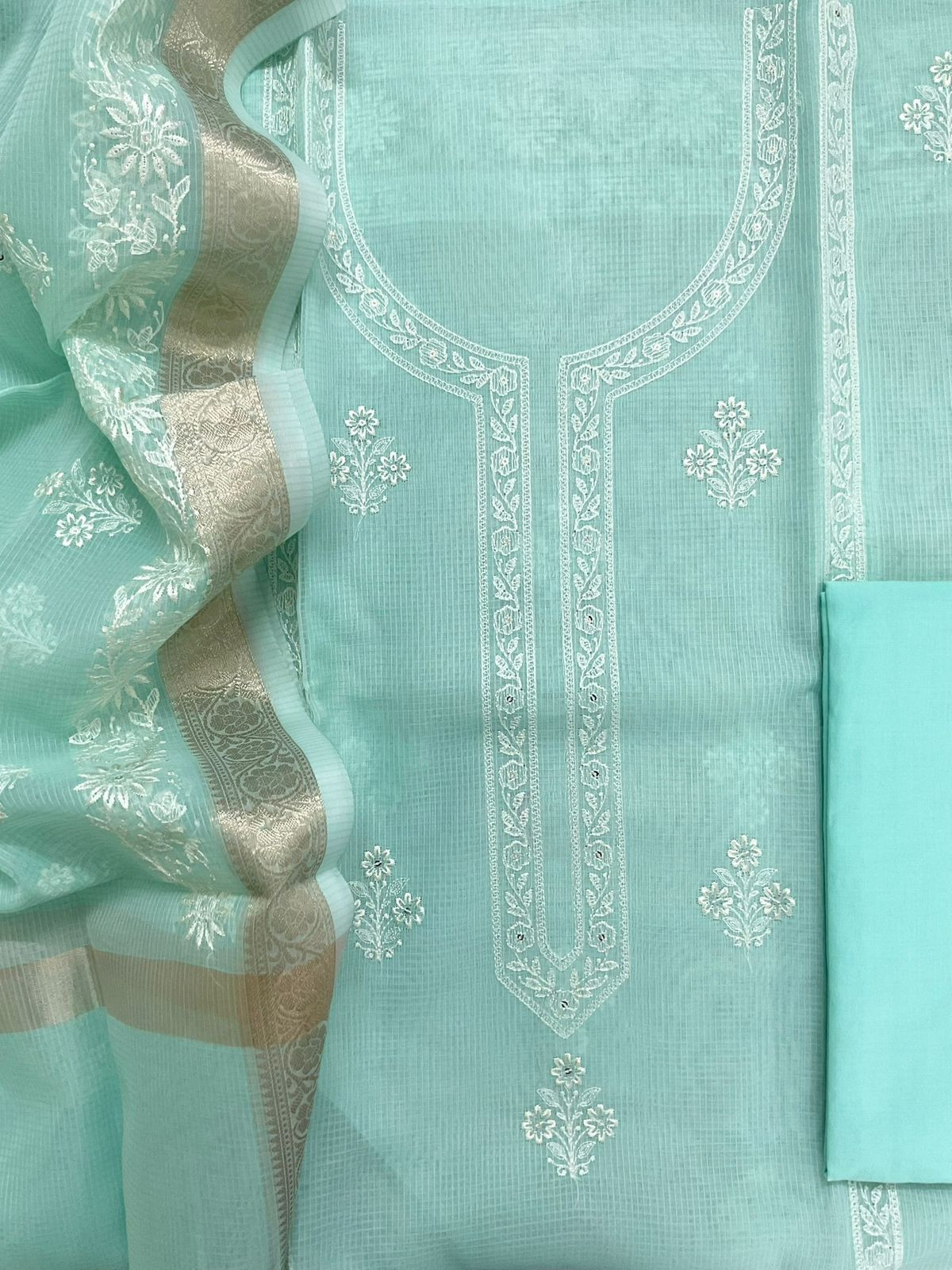 Soft Kota Organza Embroidered Suit - Sea Green
