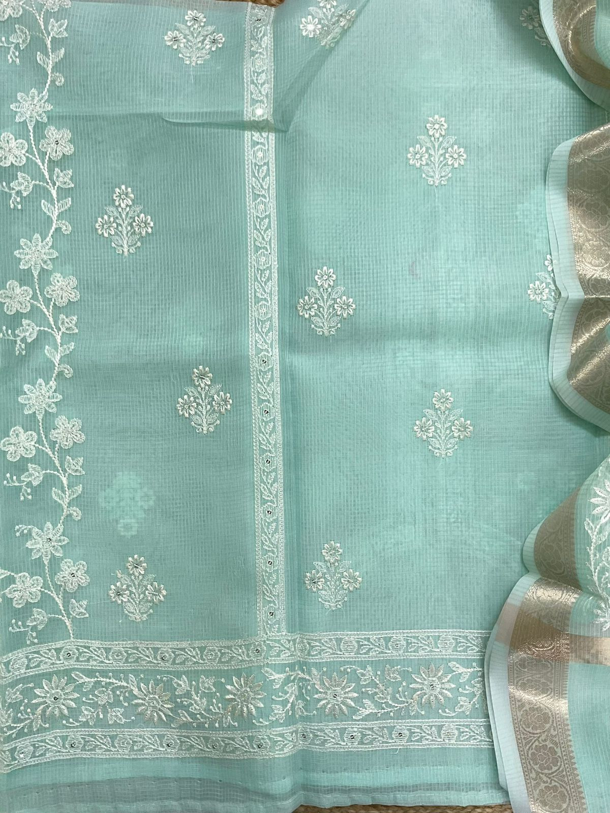 Soft Kota Organza Embroidered Suit - Sea Green