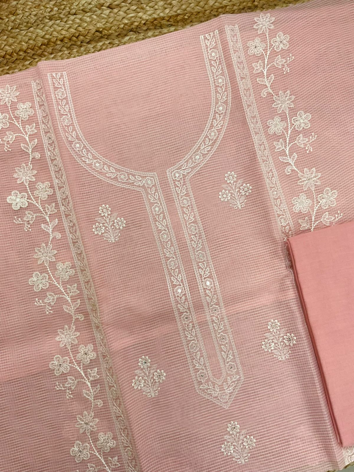 Soft Kota Organza Embroidered Suit - Peach