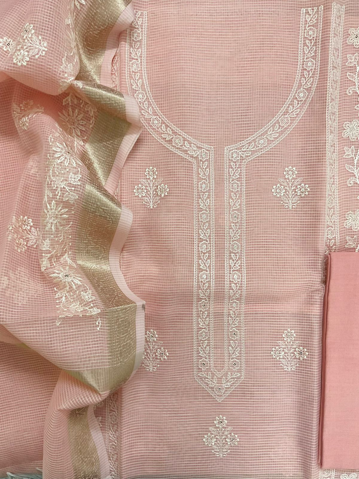 Soft Kota Organza Embroidered Suit - Peach