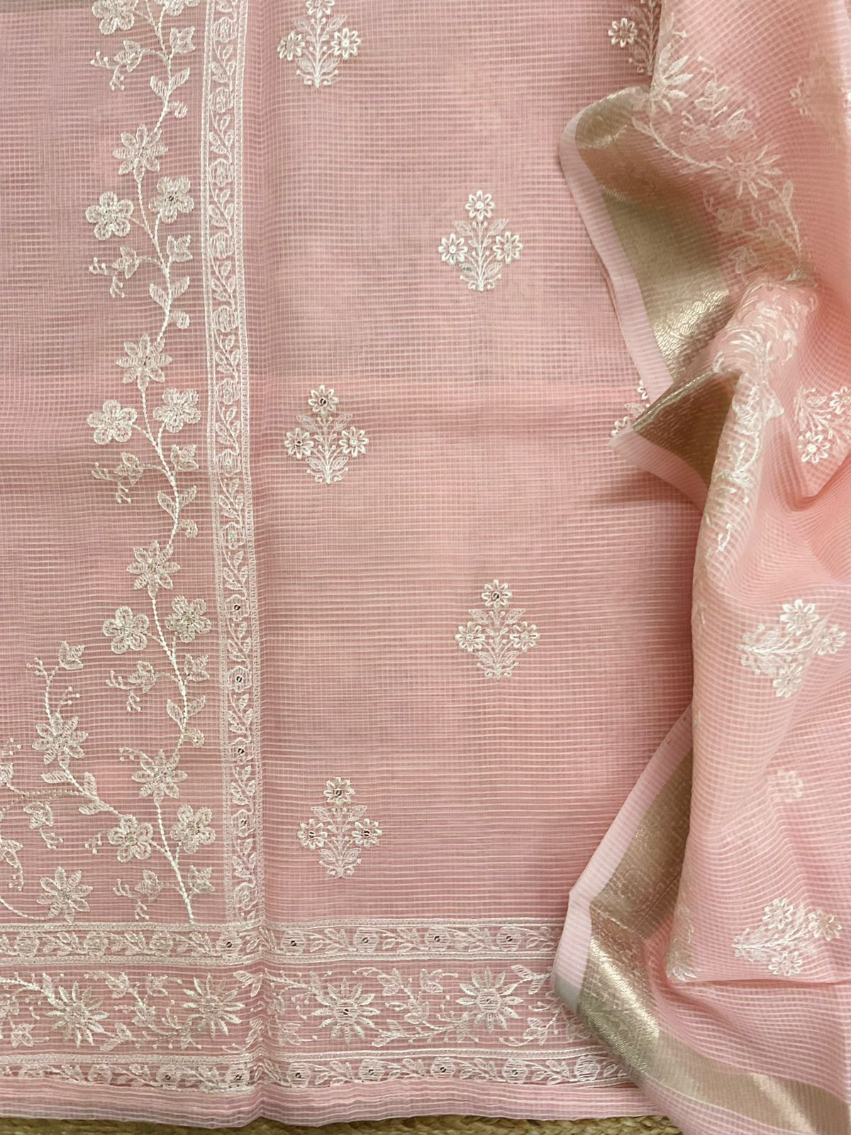 Soft Kota Organza Embroidered Suit - Peach
