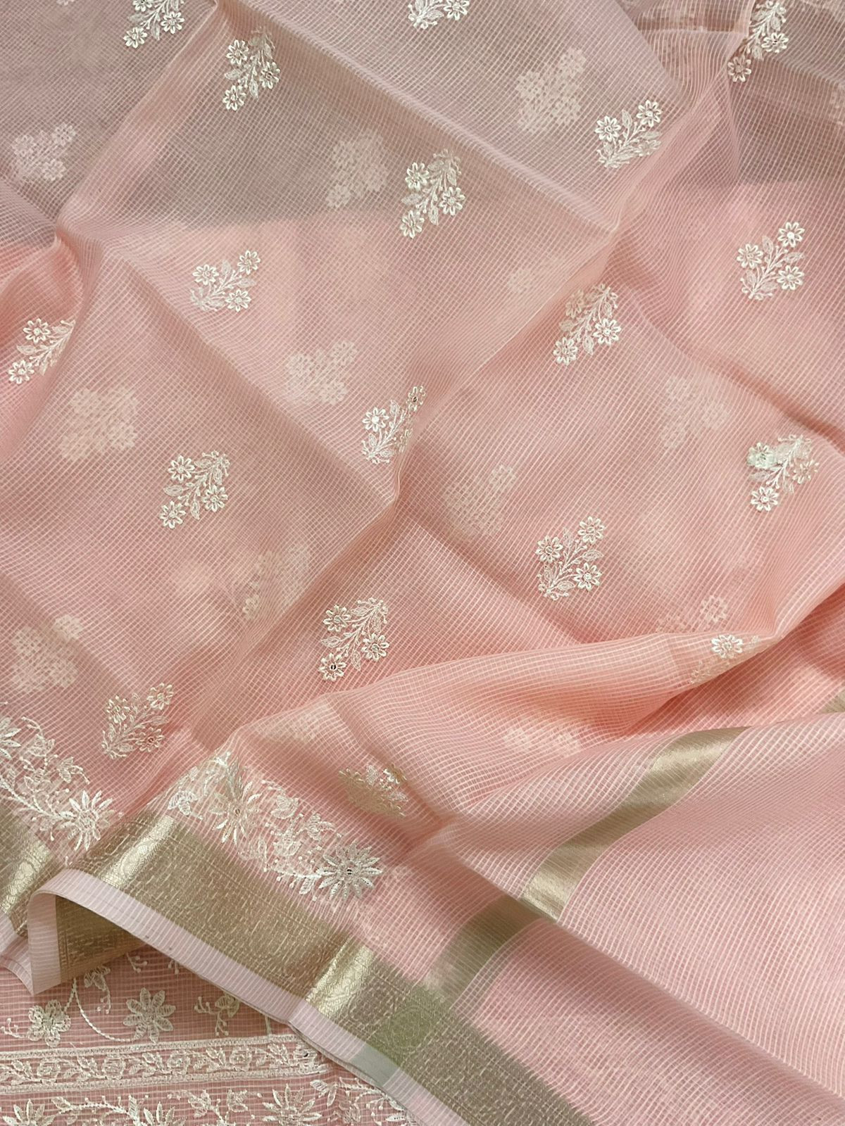 Soft Kota Organza Embroidered Suit - Peach