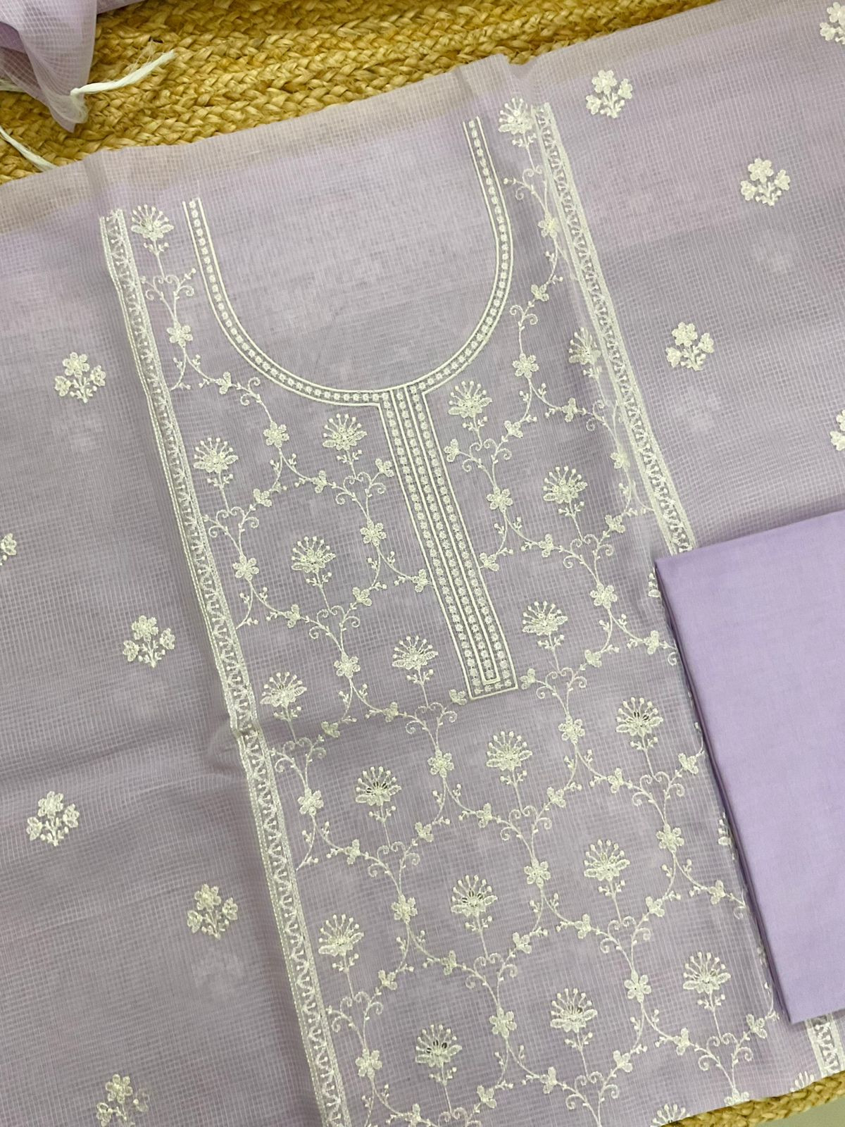Soft Kota Organza Embroidered Suit - Lavender
