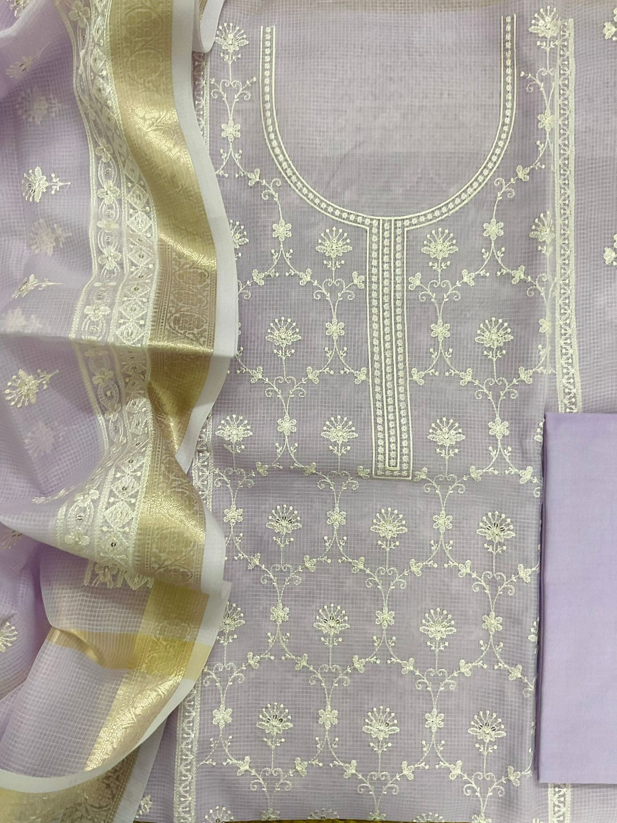 Soft Kota Organza Embroidered Suit - Lavender