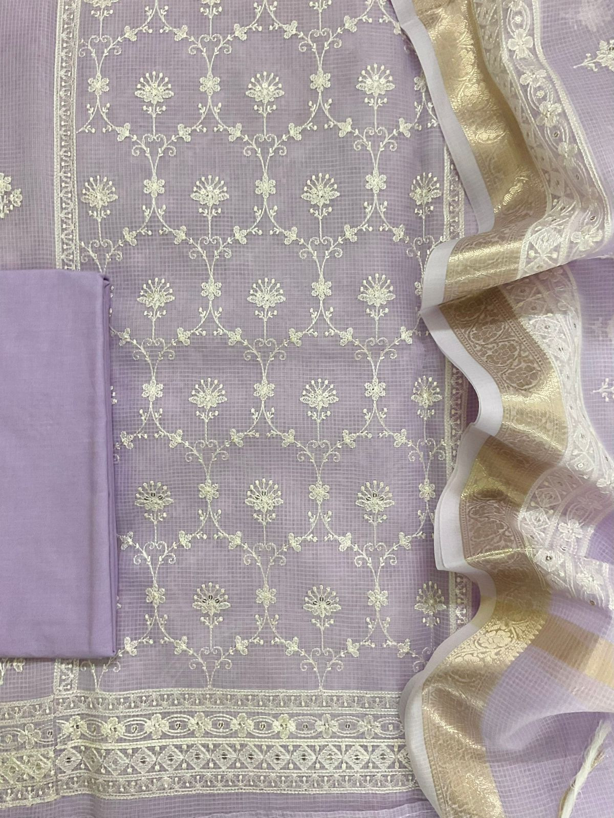 Soft Kota Organza Embroidered Suit - Lavender