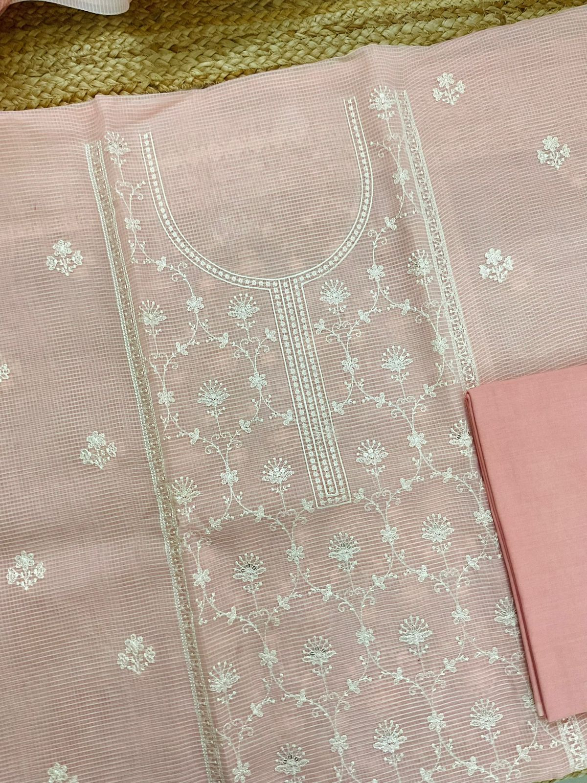 Soft Kota Organza Embroidered Suit - Peach