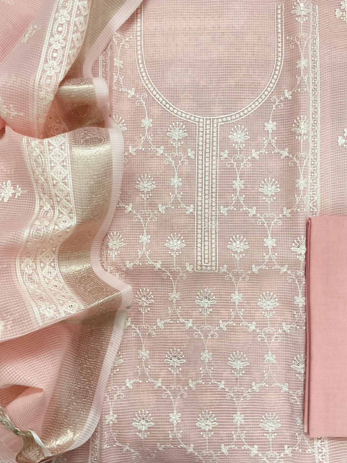 Soft Kota Organza Embroidered Suit - Peach