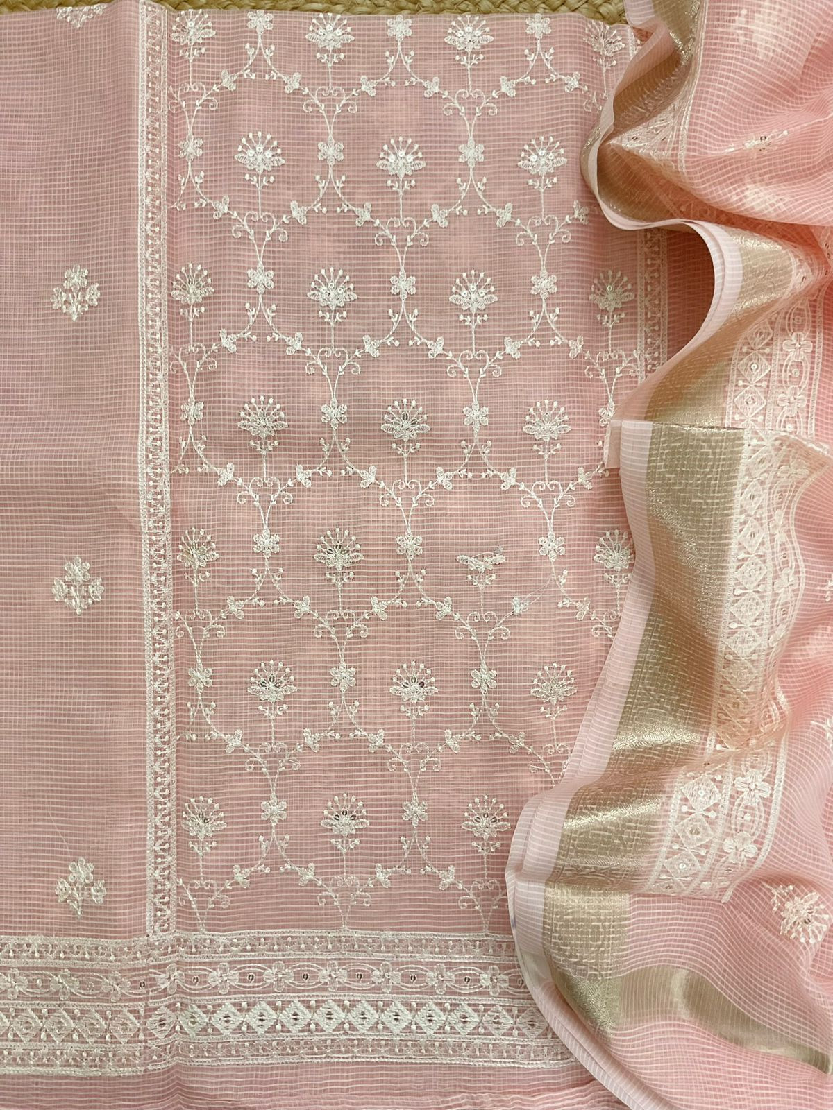 Soft Kota Organza Embroidered Suit - Peach