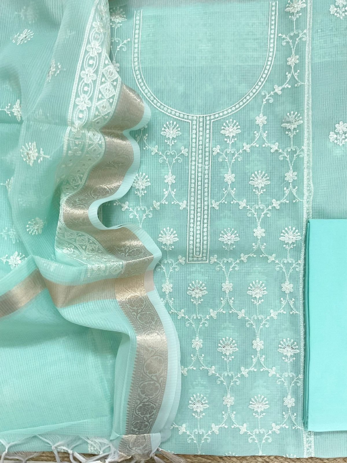 Soft Kota Organza Embroidered Suit - Sea Green