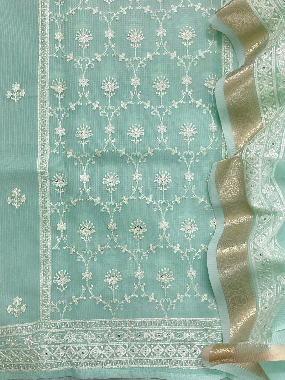 Soft Kota Organza Embroidered Suit - Sea Green