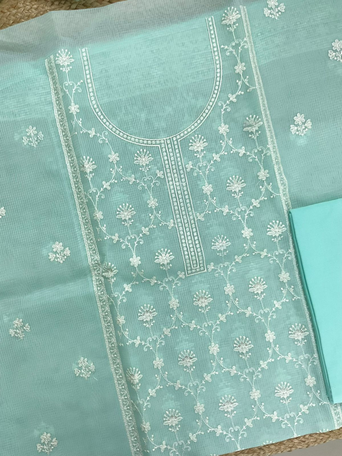 Soft Kota Organza Embroidered Suit - Sea Green