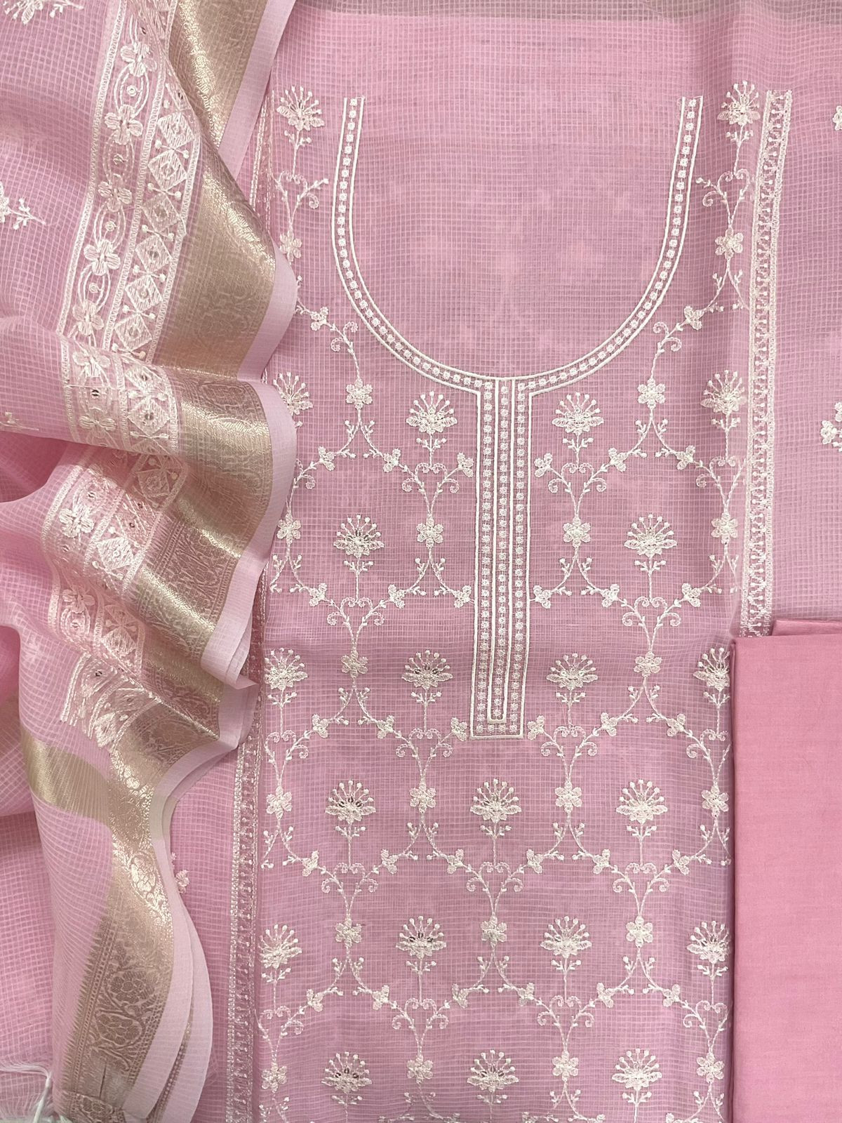 Soft Kota Organza Embroidered Suit - Pink