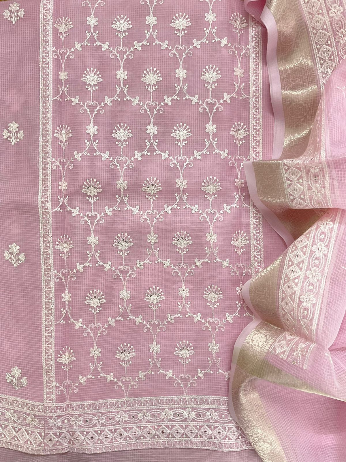 Soft Kota Organza Embroidered Suit - Pink